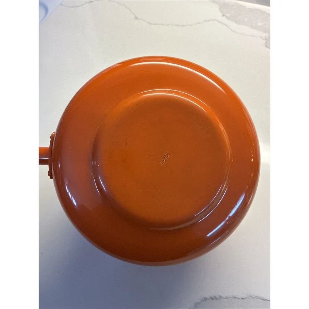 Vintage MCM Fondue Pot Orange Enamel Long Wood Handle and Lid Japan
